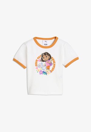 Weißes Kinder-T-Shirt mit orangefarbenem Rand mit Dora dem Entdecker, Boots dem Affen und dem Text "Join the adventure", umgeben von bunten Blumen.