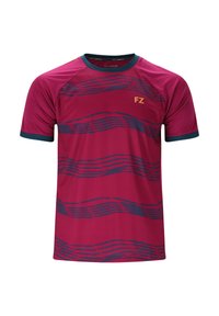 Kortærmet T-shirt med rund hals i magenta med mørkeblå bølgemønstre og en gul "FZ"-logo på brystet. Har kontrasterende ærmekanter.