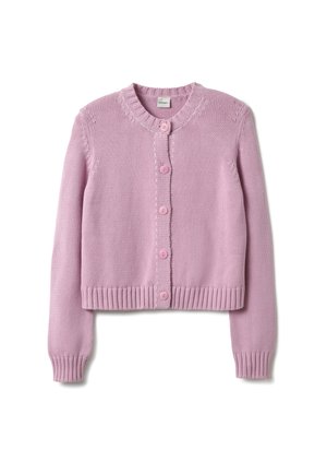 Cardigan lavorato a maglia rosa chiaro con orlo e polsini a coste, caratterizzato da cinque bottoni coordinati e scollo rotondo.