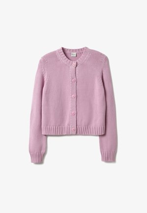 Cardigan lavorato a maglia rosa chiaro con orlo e polsini a coste, caratterizzato da cinque bottoni coordinati e scollo rotondo.