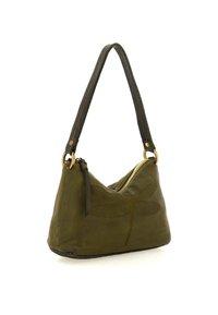 Borsa a tracolla in pelle verde oliva con zipper dorato, rilievo a forma di libellula, superficie liscia e tracolla regolabile singola.