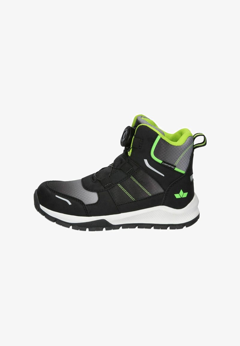 Black and gray high-top shoe with green accents, textured upper, circular fastening, and white sole with distinct tread pattern.
