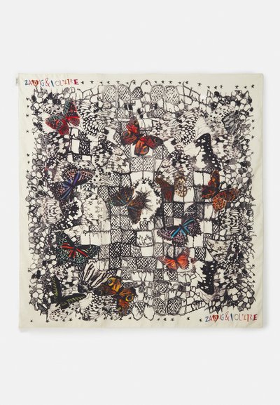 Square silk scarf featuring detailed butterfly illustrations in various colors on a light background, with black outlines and decorative patterns.