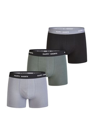 Three pairs of men's boxers in grey, black, and green, featuring elastic waistbands with "HAPPY SHORTS" printed in contrasting colors.