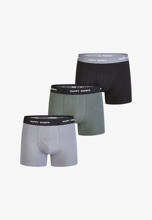 Drei Paar Herrenboxershorts in Grau, Schwarz und Grün mit elastischen Bündchen, auf denen "HAPPY SHORTS" in kontrastierenden Farben gedruckt ist.