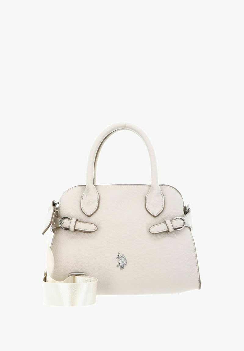 Beige leren handtas met afgeronde bovenhandvatten, zilveren hardware en een afneembare riem. Heeft een subtiel reliëflogo aan de voorkant.