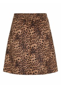 Mini-jurk met luipaardprint gemaakt van zachte stof. Heeft een elastische tailleband en een uitlopend model. Kleuren zijn onder andere verschillende bruin- en zwarttinten.