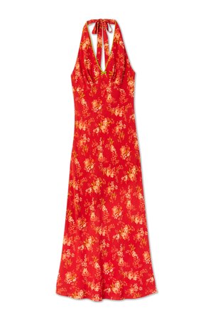 Red floral summer dress with a halter neck design, featuring a fitted bodice and flowing skirt, made of lightweight fabric with a smooth texture.