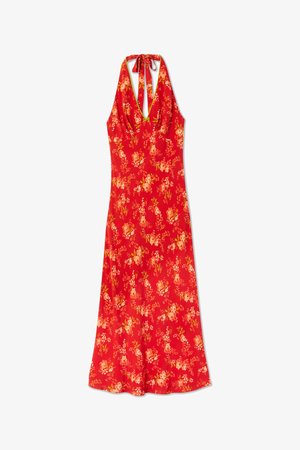 Vestido de verão vermelho com flores, com um design de decote halter, apresentando um corpete ajustado e uma saia fluida, feito de um tecido leve com uma textura suave.