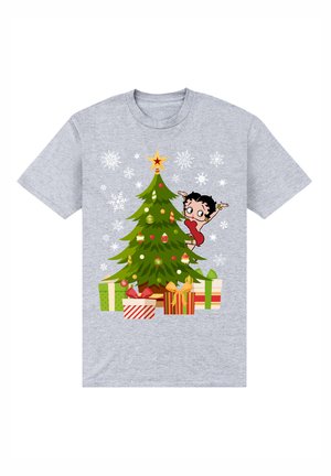 T-shirt gris à manches courtes avec un graphique d'un arbre de Noël, de cadeaux et de flocons de neige, avec un personnage de dessin animé en robe rouge.