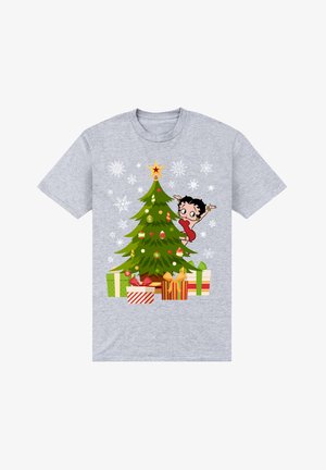 Graues T-Shirt mit kurzen Ärmeln, das ein Motiv mit einem Weihnachtsbaum, Geschenken und Schneeflocken zeigt, sowie einer Cartoonfigur in einem roten Kleid.