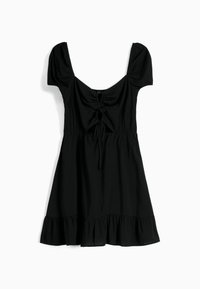Musta, lyhythihainen mekko, jossa on muotoiltu yläosa, kerättynä joustona rinnassa, solmiyksityiskohta ja levenevä röyhelöhelma. Pehmeä kangas.