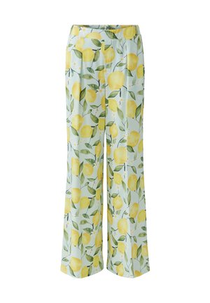 Weit geschnittene Hosen mit hellblauem Hintergrund, der überall gelbe Zitronen und grüne Blätter zeigt, hoch tailliert mit Falten.