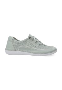 Hellgrüner Lederschuh mit perforierten Details, runder Zehenpartie und elastischen Schnürsenkeln. Besitzt eine weiße, strukturierte Gummisohle und kontrastierende Nähte.