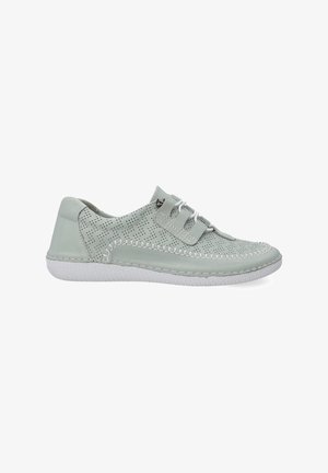 Light green leather shoe with perforated detailing, round toe, and elastic laces. Features a white, textured rubber sole and contrasting stitching.