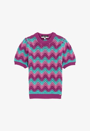 Puli džemper kratkih rukava u ljubičastoj boji s uzorkom u obliku cik-cak u magenti i tirkiznoj, s rebrastim manžetama i izrezom.