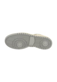 Sneaker sole with a textured gray rubber outsole featuring circular and zigzag patterns. Smooth upper section in light beige.