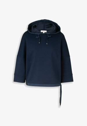 Felpa corta blu navy con maniche 3/4, cappuccio con coulisse e orlo regolabile con cordoncino su sfondo bianco.