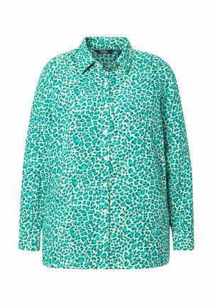 Let, knap-åndet skjorte i teal med leopardmønster. Har krave og lange ærmer, med en afslappet pasform og blød tekstur.