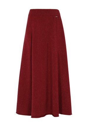 Długa, ciemnoczerwona spódnica z wełny o żeberkowanym pasie i sylwetce w kształcie litery A, wyeksponowana na białym tle.