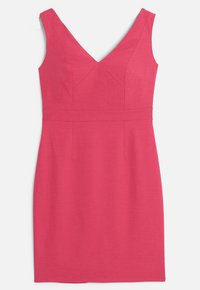 Strak aansluitende mouwloze jurk in helder roze, met een V-halslijn, textuurstof en gestructureerde naden. Netjes afgewerkt zonder versieringen.