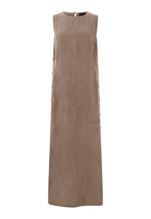 Ärmelloses, gerade geschnittenes, knielanges beiges Leinenkleid mit seitlichen Knöpfen und einem kleinen Knopfverschluss am hinteren Hals.