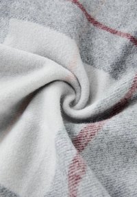 Grijze plaid wollen sjaal met een zachte textuur, een lichtgrijze basis en rode accentlijnen, met subtiele patroondetails.