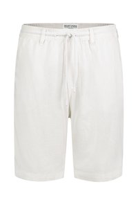 White, linen blend shorts with an elastic waistband, adjustable drawstring, side pockets, and a relaxed fit. No visible patterns or accents.