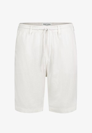 Weiße Shorts aus einem Leinengemisch mit elastischem Bund, verstellbarem Kordelzug, seitlichen Taschen und einer lockeren Passform. Keine sichtbaren Muster oder Akzente.