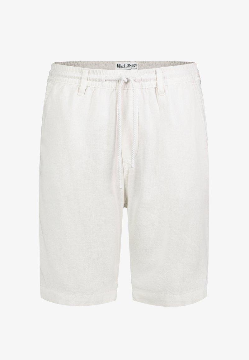 Weiße Shorts aus einem Leinengemisch mit elastischem Bund, verstellbarem Kordelzug, seitlichen Taschen und einer lockeren Passform. Keine sichtbaren Muster oder Akzente.