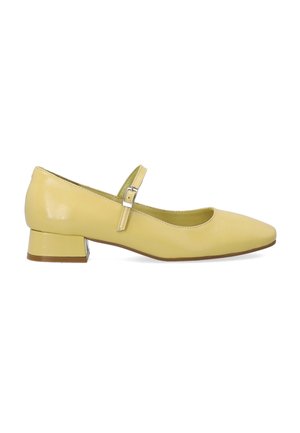 Żółte skórzane buty typu Mary Jane z zaokrąglonym noskiem, paskiem na kostce i niskim obcasem blokowym. Gładka tekstura i minimalistyczny design.
