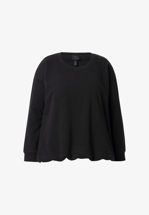 Løs sort langærmet sweatshrit med rund hals, ribbede manchetter og en let rundet kant mod en hvid baggrund.