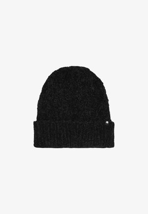 Bonnet en tricot noir avec une finition texturée et un bord côtelé. Présente un petit accent en forme d'étoile blanche près du bord. Matière douce et chaude.