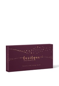 Rechteckige dunkelviolette Box mit goldenen Sternen und Text mit der Aufschrift "le silque pure moments luxury silk sleep mask."