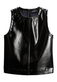 Haut sans manches noir en matériau synthétique brillant, avec un col rond et une fermeture éclair dissimulée dans le dos, au design épuré et ajusté.