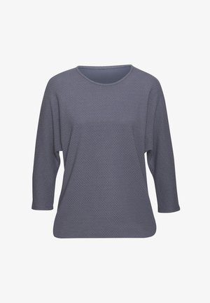 Hallitatud hall pikkade varrukatega topp tekstuuriga mustriga, ümmarguse kaelusega ja mugava lõikega. Kangas näeb välja pehme ja kerge.