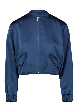 Marineblauwe cropped bomberjas met ritssluiting aan de voorkant, klepzakken, elastische boorden en een ronde kraag.