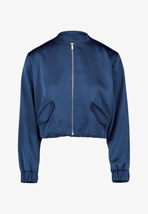 Marineblauwe cropped bomberjas met ritssluiting aan de voorkant, klepzakken, elastische boorden en een ronde kraag.