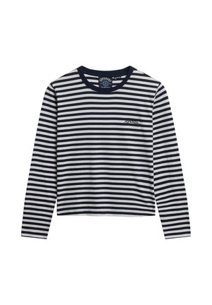 Camisa de manga larga a rayas en azul marino y blanco. Presenta un cuello redondo y un pequeño logo en el pecho. Material de algodón suave con un corte relajado.