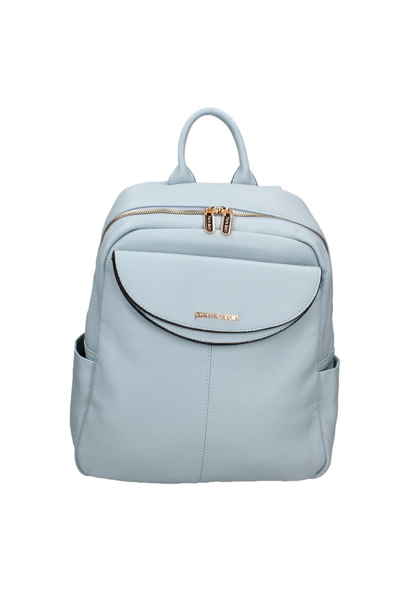 Zaino in pelle azzurro chiaro con finitura testurizzata, dotato di accessori in oro, una tasca frontale e tasche laterali doppie per una maggiore capacità di stoccaggio.