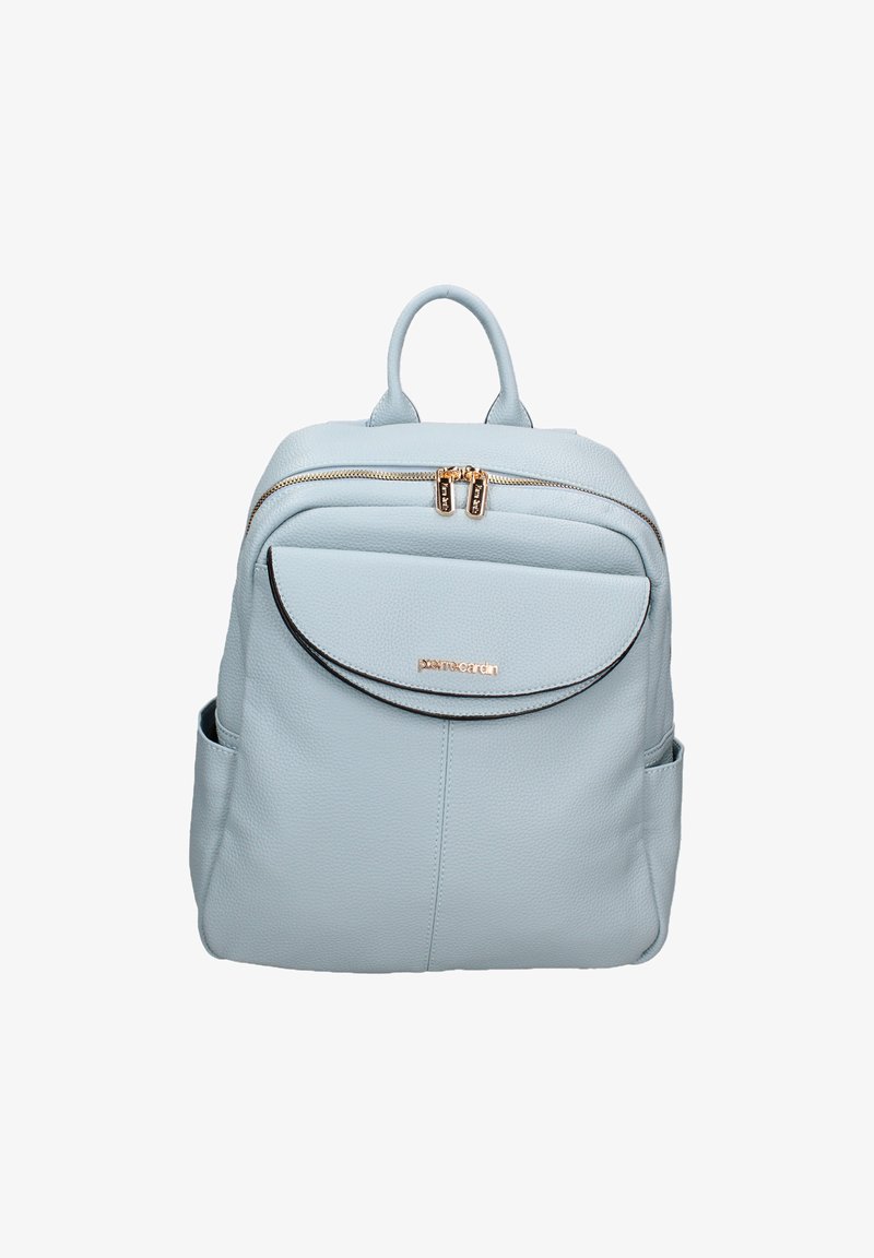 Zaino in pelle azzurro chiaro con finitura testurizzata, dotato di accessori in oro, una tasca frontale e tasche laterali doppie per una maggiore capacità di stoccaggio.