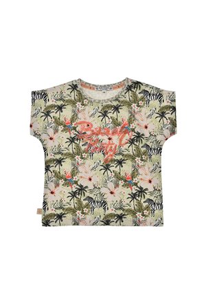 Short-sleeve shirt with tropical print of zebras, palm trees, flowers, and parrots, featuring glittery pink "Blue Pataya" text across front.