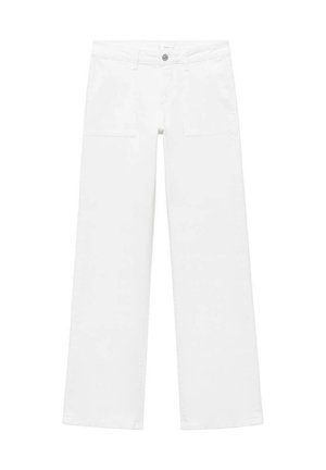 Pantalons larges blancs en tissu mélangé de coton. Dotés d'une fermeture à bouton à l'avant, de passants de ceinture et de deux poches avant. Texture lisse.