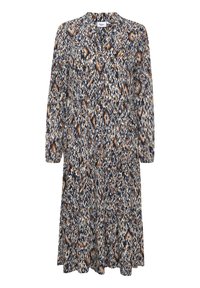 Mönstrad klänning med kragkrage, långa ärmar och A-linjeform. Har en blandning av marinblått, krämfärgat och rostfärgat abstrakt mönster.