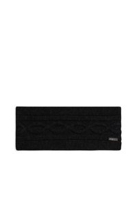 Fascia per capelli nera lavorata a maglia con una texture fantasia, caratterizzata da un design ondulato e un piccolo etichetta in metallo su un lato.