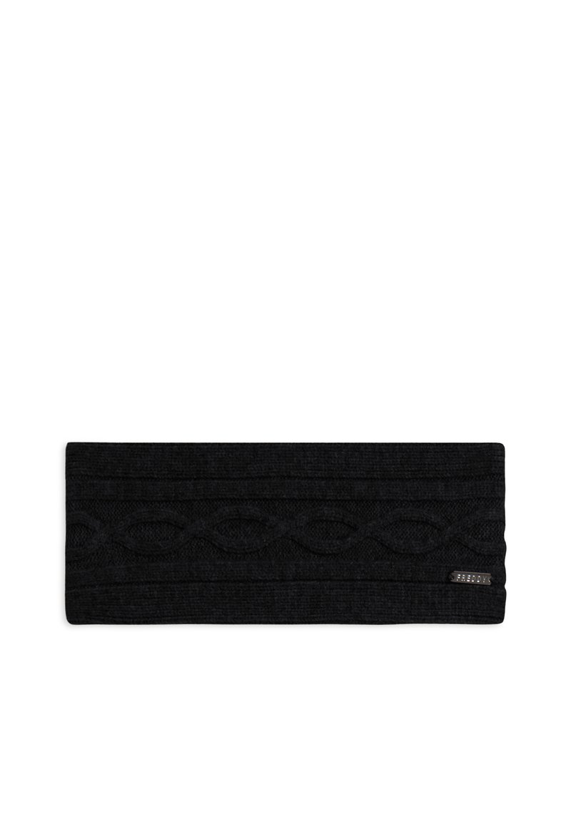 Fascia per capelli nera lavorata a maglia con una texture fantasia, caratterizzata da un design ondulato e un piccolo etichetta in metallo su un lato.