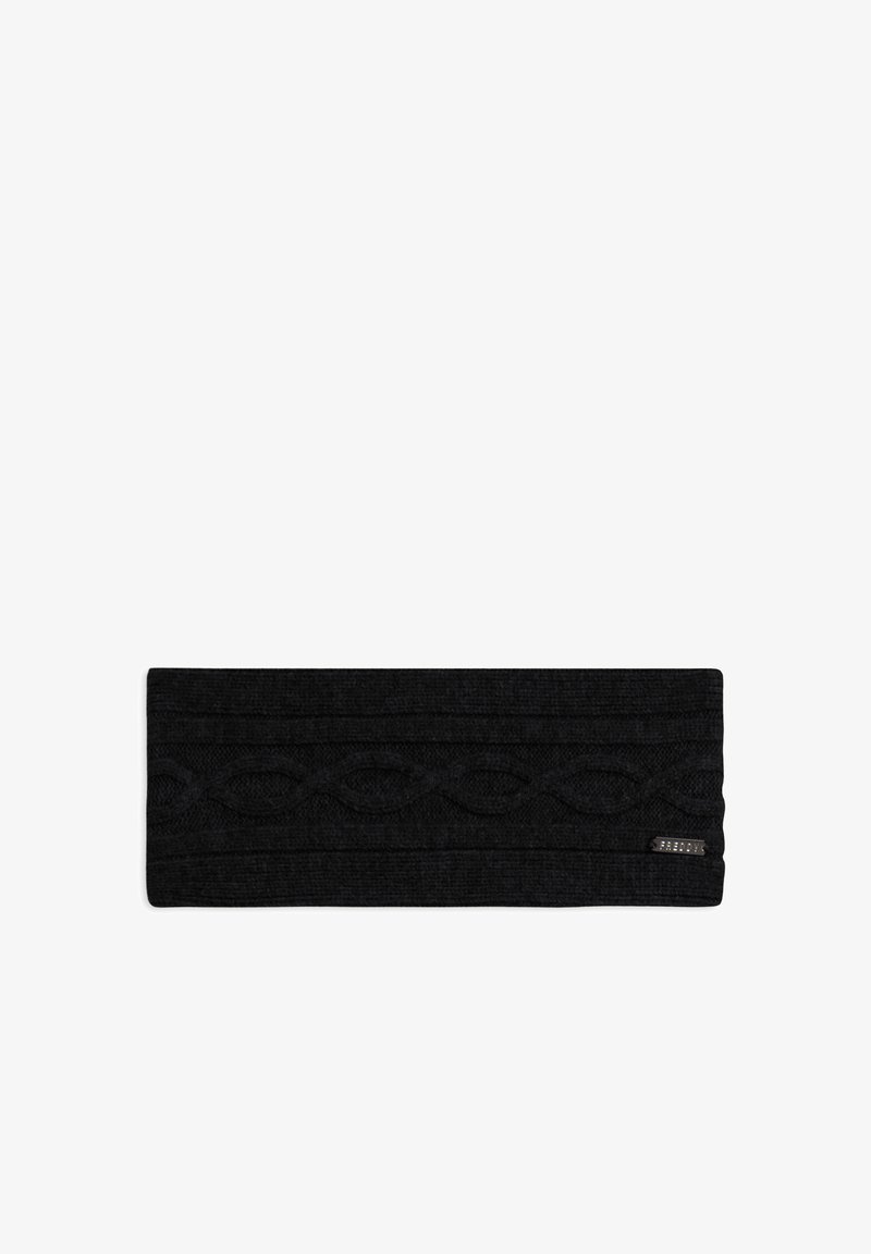 Fascia per capelli nera lavorata a maglia con una texture fantasia, caratterizzata da un design ondulato e un piccolo etichetta in metallo su un lato.