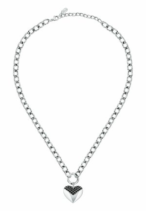 Silberne Halskette mit runden Gliedern und einem herzförmigen Anhänger, der oben mit schwarzen Steinen verziert ist.