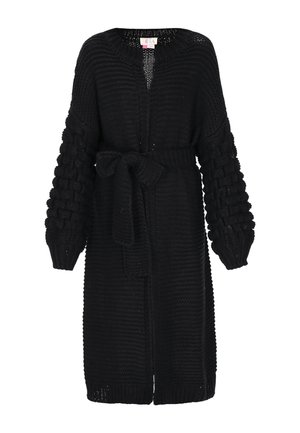 Czarny, dziany kardigan o teksturowanym wzorze, z przeskalowanymi rękawami, wiązanym paskiem w talii oraz otwartym przodem z żeberkowym dekoltem.