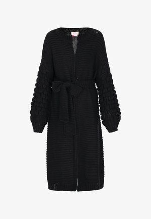 Must mustrakk kardigan tekstuuriga disainiga, millel on üleulatuvad varrukad, vööl sidumisvöö ja avatud eesosa, millel on soonikkoes kaelus.